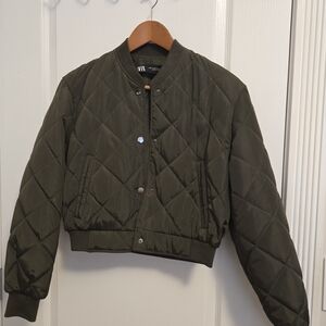 Zara Dark Green Quilted Bomber Jacket